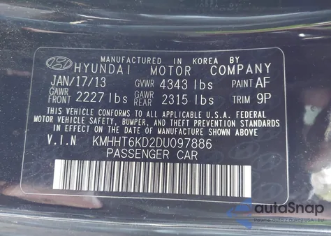 2013 Hyundai Genesis 2.0T Premium z USA, uszkodzony, nr VIN KMHHT6KD2DU097886